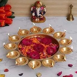 Premium Flower Shape Decorative Urli for Home Handcrafted Bowl Iron Table Diya Set-image-8