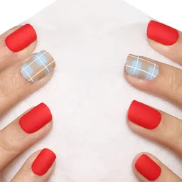 LICK 30 Pcs Matte Check Pattern Fake Reusable Artificial Press On Nails - Red image 1