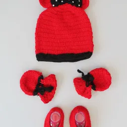 Woonie Unisex Kids Self Design Bow Detailed Acrylic Cap With Booties & Mittens-image-8