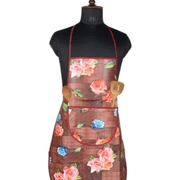 Kuber Industries Maroon & Pink Floral Printed Waterproof Apron With Front Pocket-56