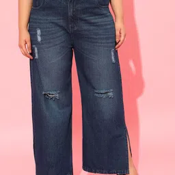 CURVY STREET Women Blue Cotton Flared High-Rise Highly Distressed Light Fade Jeans-image-83