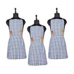 Kuber Industries 3-Pcs Blue & White Cotton Checked Kitchen Apron-81