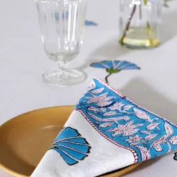 HANDICRAFT PALACE White & Turquoise Blue Hand Block Printed Table Cover With Napkins image 1