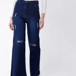 Purple Feather Women Blue Wide Leg Cotton Mildly Distressed Light Fade Stretchable Jeans-picture-28