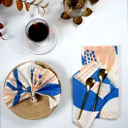 TARAN LIVING White & Blue 4 Pieces Printed Linen Table Napkins-image-91