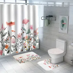 UMAI White & Green 3 Pieces Floral Printed Shower Curtain & Mats-19