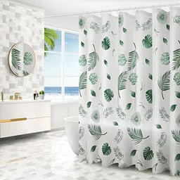 UMAI White & Green Floral Printed Shower Curtains With Hooks-image-94