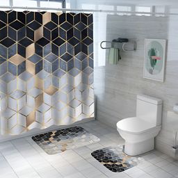 UMAI Black & Grey 3 Pieces Printed Shower Curtain & Mats-image-57