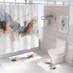 UMAI White & Blue 3 Pieces Abstract Printed Shower Curtain & Mats-76