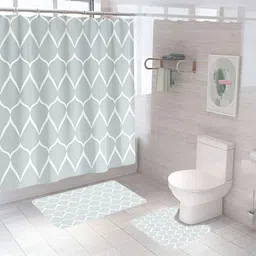 UMAI Grey & White 3 Pieces Geometric Printed Shower Curtain & Mats-8