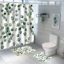UMAI White& Green 3 Pieces Floral Printed Shower Curtain & Mats-14