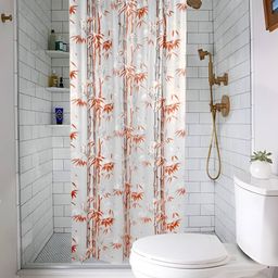 CASA-NEST Orange & White 9 Pieces Floral Bamboo Printed Shower Curtain With Hooks-34