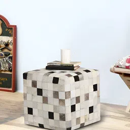 ROMEE Grey & Black Cotton Square Cowhide Leather Pouffe Ottomans-image-18