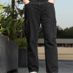 HERE&NOW Men Loose Relaxed Fit Pure Cotton Cargo Jeans-image-60