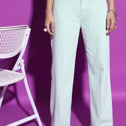 Tokyo Talkies Women Sea Green Wide Leg Cotton Jeans-image-11