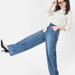 Crimsoune Club Women Blue Wide Leg Light Fade Stretchable Jeans-image-88
