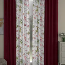 ROSARA HOME Maroon & White Set of 4 Floral Long Door Curtain-19