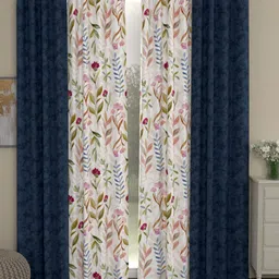 ROSARA HOME Navy Blue & White Set of 4 Long Door  Curtains-30