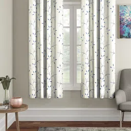 Cortina Beige & Blue Set of 2 Floral Embroidered Window Curtains-picture-0