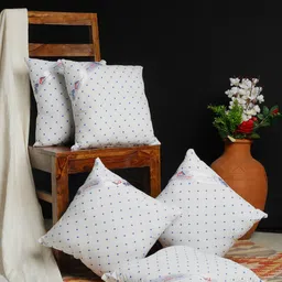HOSTA HOMES Set Of 5 White & Blue Printed Square Cushions-23