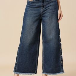 HJ HASASI Women Wide Leg High-Rise Slits Light Fade Jeans-image-45
