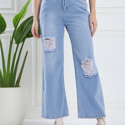 KASSUALLY Women Blue Flared Highly Distressed Light Fade Pure Cotton Jeans-image-45