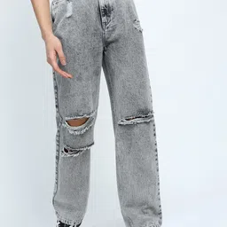 Tokyo Talkies Women Grey Straight Fit Slash Knee Heavy Fade Jeans-image-88