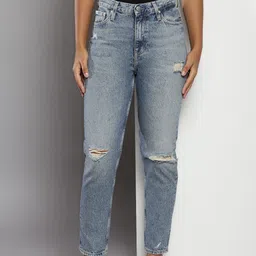 Calvin Klein Women Mom Fit Highly Distressed Heavy Fade Pure Cotton Jeans-image-51
