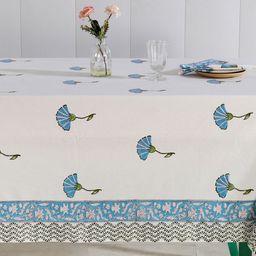 HANDICRAFT PALACE White & Turquoise Blue Hand Block Printed Table Cover With Napkins image 2