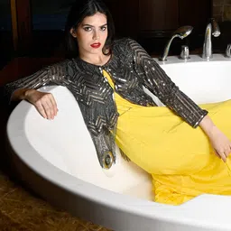 ODETTE Embellished Acrylic Party Crop Button Shrug-6