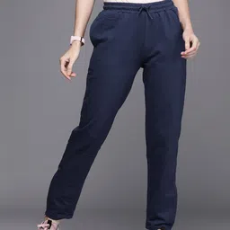 Allen Solly Woman Blue Solid Pure Cotton Regular Fit Mid-Rise Trousers-picture-17