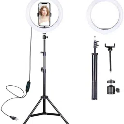 Wrapo 10" Selfie Ring Light with 50" Extendable Tripod Stand & Flexible Phone Holder for Live Stream/Makeup, Mini Desktop Led Camera Ringlight for YouTube Video, Compatible with iPhone/Android Ring Flash-0