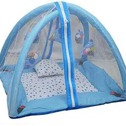 Cotton Infants Washable Bedding Set with Foldable Mattress, Mosquito Net and Pillow Sky Blue Mosquito Net-12