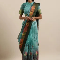Mitera Teal Blue Floral Printed Zari Saree-image-8