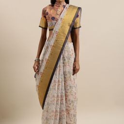 Mitera Cream Coloured Floral Printed Zari Saree-image-77
