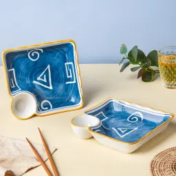 nestasia White And Blue Spiral Nitori Ceramic Set of 2 Square Plate with Dip Section, Chip & Dip Tray image 2