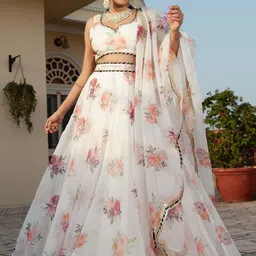 FABPIXEL Floral Printed Sequinned Semi-Stitched Lehenga & Unstitched Blouse With Dupatta image 1