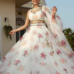 FABPIXEL Floral Printed Sequinned Semi-Stitched Lehenga & Unstitched Blouse With Dupatta image 4