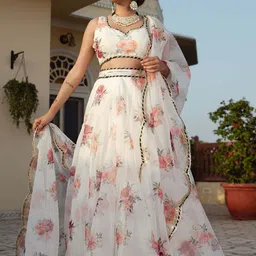 FABPIXEL Floral Printed Sequinned Semi-Stitched Lehenga & Unstitched Blouse With Dupatta image 5