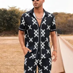 Men Night Suit Set Black Printed-image-1