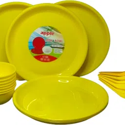 Pack of 18 Plastic Round Full Plate & Bowl 6 Plate and 6 Bowls 6 Spoon/, Solid Dinner Set-12