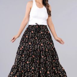 Women Printed Flared Dark Blue Skirt-image-4