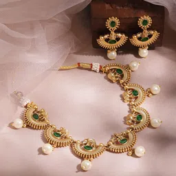 Rubans 22K Gold-Plated Emerald Green & Pearl Beaded Statement Necklace Set with Earrings-17