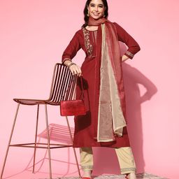 SheWill Red Floral Embroidered Gotta Patti Kurta with Trousers & With Dupatta-image-64