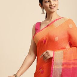 DESH BIDESH Orange & Beige Geometric Design Pure Cotton Taant Saree-image-9