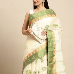 DESH BIDESH Off White & Green Ethnic Motifs Pure Cotton Taant Saree-45