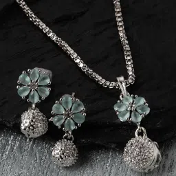 ZENEME Rhodium-Plated CZ Studded Pendent & Earrings Set-7