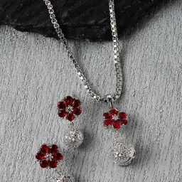 Kennice Rhodium-Plated CZ studded Floral Pendant with Earrings-picture-48