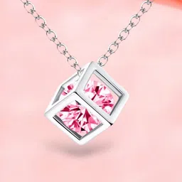 MYKI Silver-Plated Cubic Zirconia-Studded Square Shaped Pendant With Chain-image-3