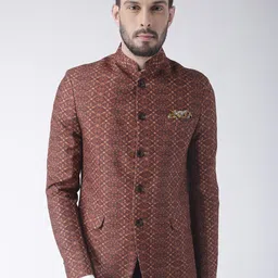 Hangup Men Brown Printed Bandhgala Polyester Blazer-image-90
